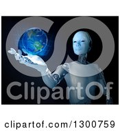 3d Robot Holding A Holographic Earth Over Black
