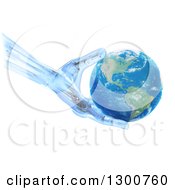 3d Blue Robot Hand Or Artificial Limb Holding Planet Earth Over White