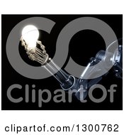 Clipart Of A 3d Futuristic Robot Arm Holding A Shining Light Bulb On Black Royalty Free Illustration