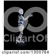 Clipart Of A 3d White And Blue Robot Pointing Over Black Royalty Free Illustration