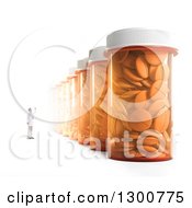 3d Male Doctor Or Pharmacist Looking Up At A Row Of Giant Pill Bottles On White