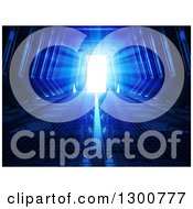 Clipart Of A 3d Futuristic Corridor With Bright Blue Light Shining Through The Door At The End Royalty Free Illustration by Mopic