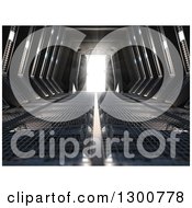 Clipart Of A 3d Futuristic Corridor With Bright Light Shining Through The Door At The End Royalty Free Illustration