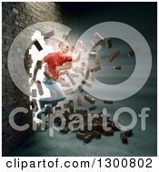 Poster, Art Print Of 3d White Man Breaking And Running Through A Brick Wall
