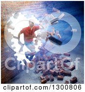 Poster, Art Print Of 3d White Man Breaking And Running Through A Brick Wall With Bright Light