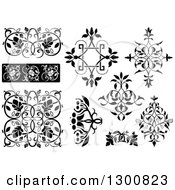 Clipart Of Black And White Ornate Vintage Floral Design Elements Royalty Free Vector Illustration