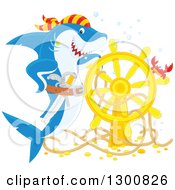 Poster, Art Print Of Happy Blue And White Shark Pirate Posing With A Sunken Ship Helm And Crab