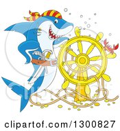 Cartoon Blue And White Shark Pirate Posing With A Sunken Ship Helm And Crab