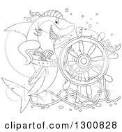 Black And White Shark Pirate Posing With A Sunken Ship Helm And Crab