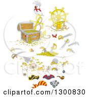 Poster, Art Print Of Bird With A Reasure Chest Helm Sunken Shipwreck Items Swords And Pirate Accessories