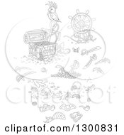 Poster, Art Print Of Black And White Bird With A Reasure Chest Helm Sunken Shipwreck Items Swords And Pirate Accessories