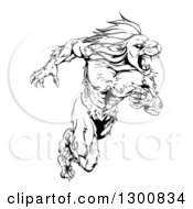 Poster, Art Print Of Black And White Aggressive Muscular Sprinting Lion Man Mascot