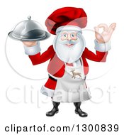 Happy Santa Claus Chef Gesturing Ok And Holding A Food Cloche Platter