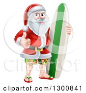 Poster, Art Print Of Christmas Santa Claus Giving A Thumb Up And Standing With A Surf Board On Vacation