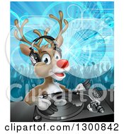 Poster, Art Print Of Christmas Rudolph Reindeer Dj Wearing Headphones Over A Turntable And People Dancing In The Background
