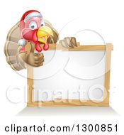 Poster, Art Print Of Christmas Turkey Bird Wearing A Santa Hat And Giving A Thumb Up Over A Blank White Sign
