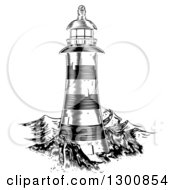 Clipart Of A Black And White Engraved Lighthouse At Sea Royalty Free Vector Illustration by AtStockIllustration