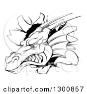 Poster, Art Print Of Snarling Fierce Black And White Dragon Mascot Head Breaking Through A Wall