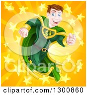 Poster, Art Print Of Happy Brunette Caucasian Male Super Hero Running In A Green Suit Over A Burst With Stars