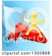 Poster, Art Print Of 3d Gold Man Cheering On A Red Growth Arrow Over Graphs On Blue