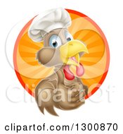 Poster, Art Print Of Happy Brown Chef Chicken Giving A Thumb Up And Emerging From A Circle Of Sun Rays
