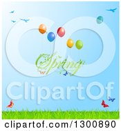 Poster, Art Print Of Green Spring Text Floating With Balloons Butterflies Birds And Grass Against Green Sky