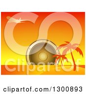 Poster, Art Print Of Giant Music Speaker Over An Island With Silhouetted Palm Trees And Airplane At Sunset