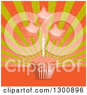 Poster, Art Print Of Birthday Cupcake With A Candle And Star Balloons Over Rays