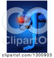Poster, Art Print Of 3d Xray Anatomical Man With Visible Skeleton Brain And Head Pain Over Blue