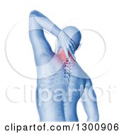 Clipart Of A 3d Xray Anatomical Man With Visible Skeleton Spine And Glowing Neck Pain Over White Royalty Free Illustration