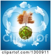Poster, Art Print Of 3d Autumn Walnut Tree On A Grassy Globe In A Circle Of Clouds Over Blue