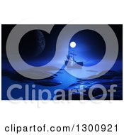 Clipart Of A 3d Ship Sailing The Ocean Against A Full Moon And Planet At Night Royalty Free Illustration