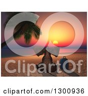Poster, Art Print Of Rear View Of A 3d Elephant Sitting With A Suitcase On A Tropical Beach At Sunset