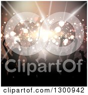 Clipart Of A Group Of Young Silhouetted Dancers Against Flares And Lights Royalty Free Vector Illustration
