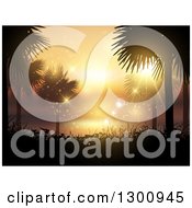 Background Of Silhouetted Palm Trees And Foliage Against An Orange Summer Sunset And Flares