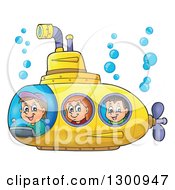Poster, Art Print Of Happy Cartoon White Children In A Yellow Submarine