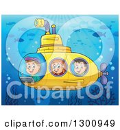 Happy Cartoon White Children In A Yellow Submarine At A Reef