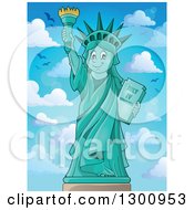 Carton Happy Statue Of Liberty Holding Up A Torch Against Blue Sky With Birds And Puffy Clouds