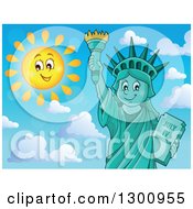Poster, Art Print Of Carton Happy Statue Of Liberty Holding Up A Torch Against Blue Sky With A Sun Smiling And Puffy Clouds