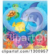 Poster, Art Print Of Cartoon Grinning Purple Shark Swimming At A Reef With An Octopus Crab Sea Turtle And Fish