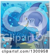 Poster, Art Print Of Cartoon Grinning Purple Shark Swimming Against A Silhouetted Sunken Ship