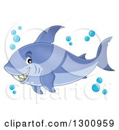 Poster, Art Print Of Cartoon Grinning Purple Shark Blue Bubbles