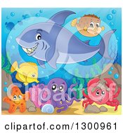 Poster, Art Print Of Cartoon Grinning Purple Shark Swimming At A Reef With An Octopus Crab And Fish