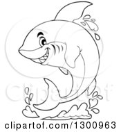 Poster, Art Print Of Black And White Cartoon Shark Jumping With A Splash