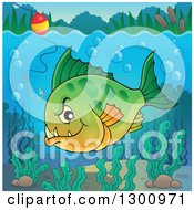 Poster, Art Print Of Green Carnivorous Piranha Fish Underwater With A Fishing Hook And Visible Surface