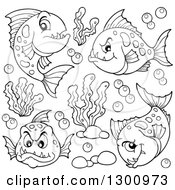 Poster, Art Print Of Black And White Carnivorous Piranha Fish With Bubbles And Aquatic Plants