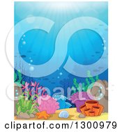 Poster, Art Print Of Background Of An Ocean Reef With Sun Rays Shining Down On Corals And Silhouetted Fish