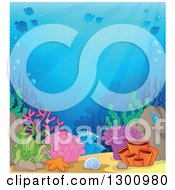 Poster, Art Print Of Background Of An Ocean Reef With Sun Rays Shining Down On Colorful Corals And Silhouetted Fish