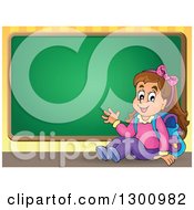 Poster, Art Print Of Cartoon Brunette White School Girl Sitting And Waving By A Chalkboard