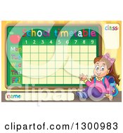 Poster, Art Print Of Cartoon Brunette White School Girl Sitting And Waving By A School Time Table